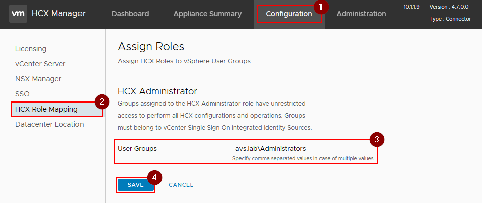 Edit the HCX Administrator role mapping configuration